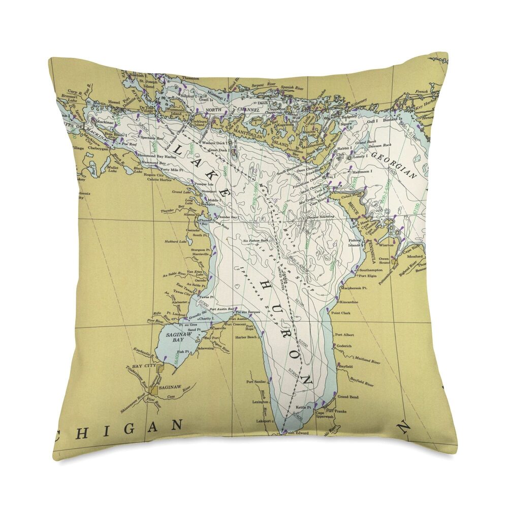 1509 Lake Huron Map Throw Pillow